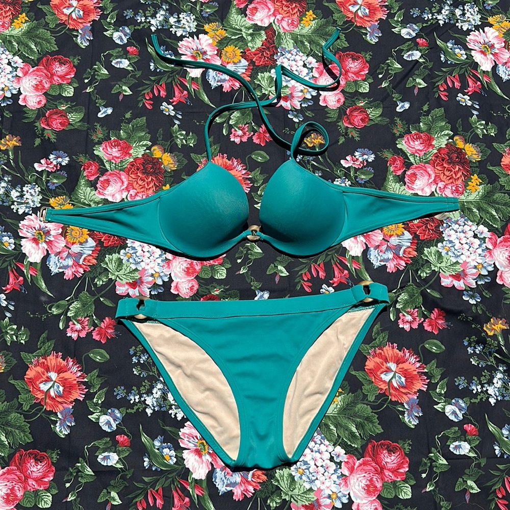 Victoria Secret Bio fit 2 piece swim suit teal w gold & faux wood accents 34c/M
